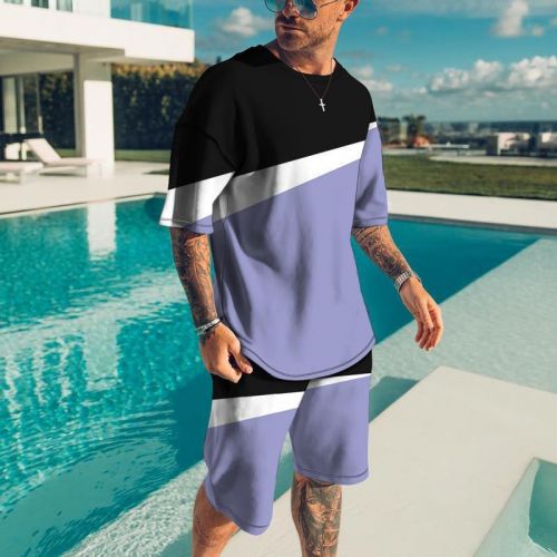 Men's Casual Short-sleeved + Color Matching Shorts Sports Two-piece Set