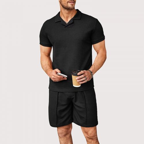 New Lapel Polo Shirt + Solid Color Shorts Sports Suit