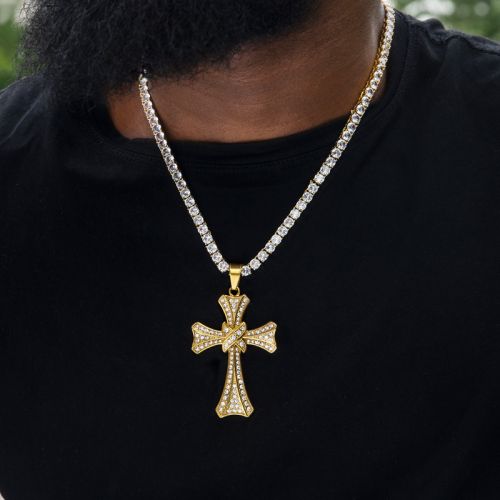 Double Cross Pendant with 5mm Tennis Chain Set in Gold