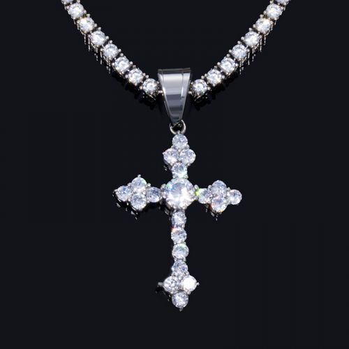 Iced Cross Pendant with 3mm Tennis Chain Set in White Gold