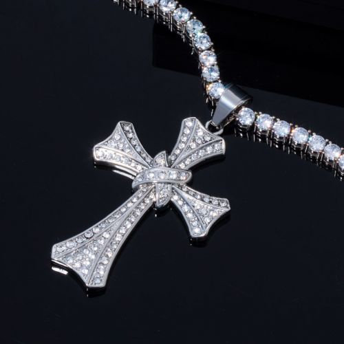 Double Cross Pendant with 5mm Tennis Chain Set in White Gold