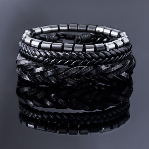3Pcs Braided Leather Bead Hematite Adjustable Bracelets