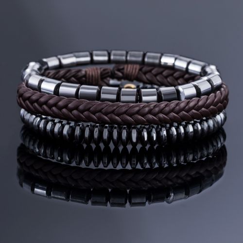 3Pcs Layered Brown Braided Bead Hematite Adjustable Bracelets
