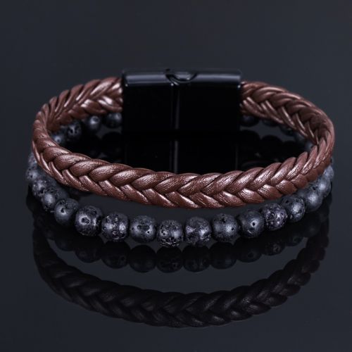 Lava Stone Brown Leather Layered Bracelet