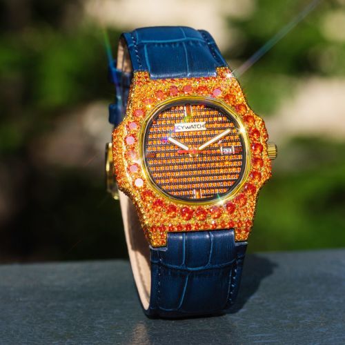 Iced Orange Stoens Watch in Gold with Leather Strap