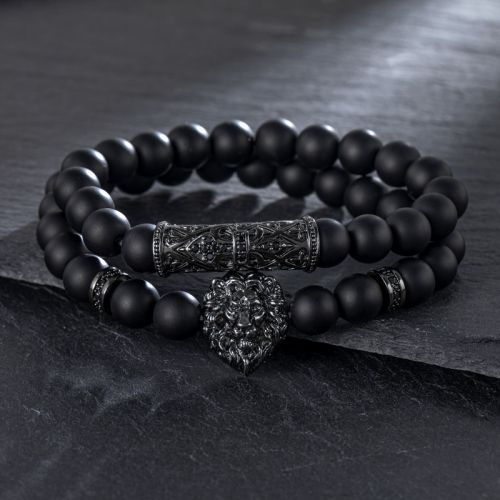 2pcs Lion Black Obsidian Beaded Stretch Bracelet