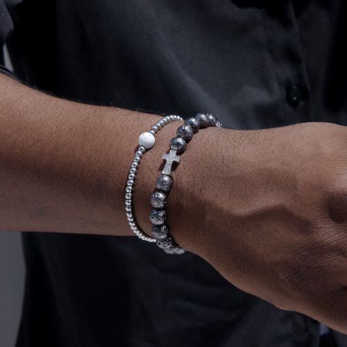 2pcs Lava Stones & Steel Beads Stretch Bracelet