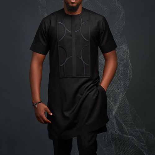 Black Round Neck African Ethnic Short Sleeve Mid Length Shirt