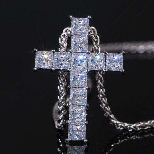 S925 Sterling Silver Princess Cut Moissanite Cross Pendant with Franco Chain Necklace