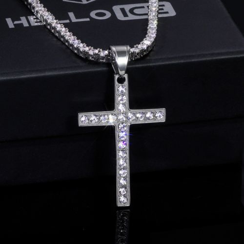 Iced Round Stones Cross Pendant with 3mm Tennis Chain Set in White Gold