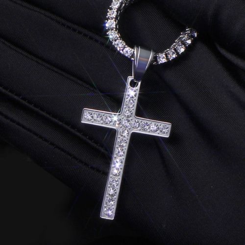 Iced Round Stones Cross Pendant with 3mm Tennis Chain Set in White Gold