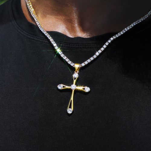 Iced Round Cut Cross Pendant with 3mm Tennis Chain Set in Gold