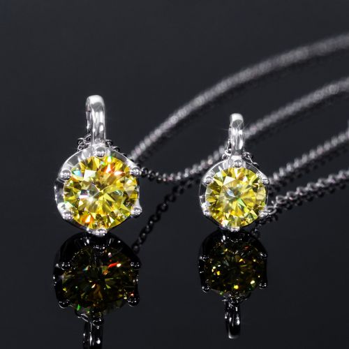 Crown Fancy Yellow Moissanite Brilliant Round Cut Necklace in S925 Silver