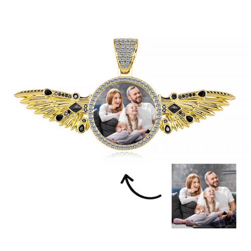 Black Iced Extendable Angels Wings Custom Photo Pendant in Gold