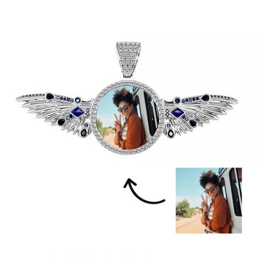 Blue Iced Extendable Angels Wings Custom Photo Pendant