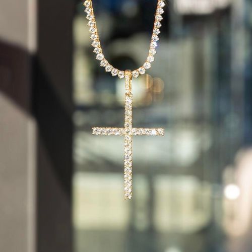 S925 Sterling Silver 3mm Moissanite Cross Pendant with Tennis Chain in Gold