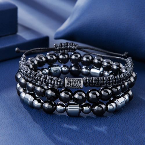 3pcs Black Obsidian & Hematite Beads Braided Bracelet Set