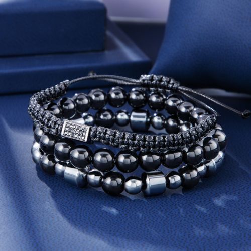 3pcs Black Obsidian & Hematite Beads Braided Bracelet Set
