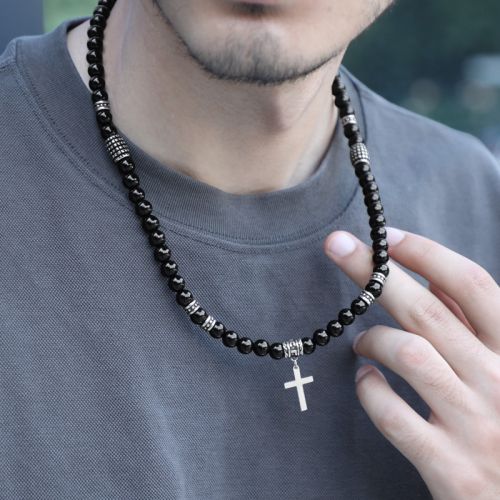 Black Obsidian & Stainless Steel Cross Beads Necklace