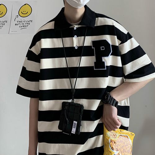 Simple Striped Letter Patch Polo Shirt