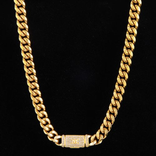 10mm 20" Iced Initial Letter Stainless Steel Cuban Chain in 18K Gold Plated
