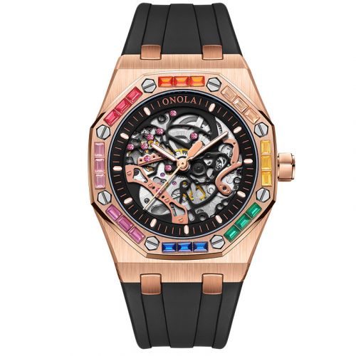 Iced Rainbow Octagon Luminous Silicone Automatic Mechanical Watch