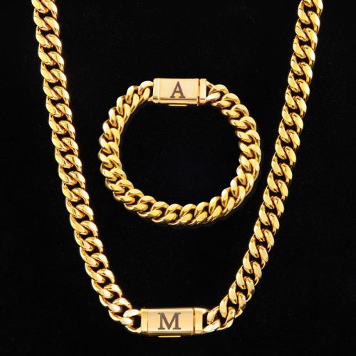 10mm Miami Initial Letter Cuban Chain & Bracelet Set in 18K Gold Plated