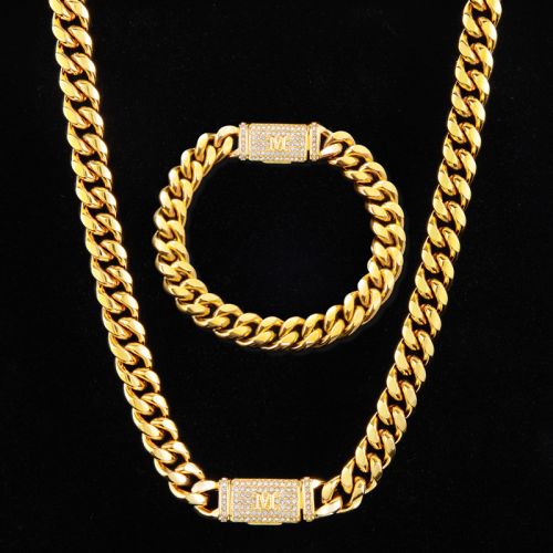 10mm Iced Initial Letter Cuban Chain & Bracelet Set in 18K Gold Plated