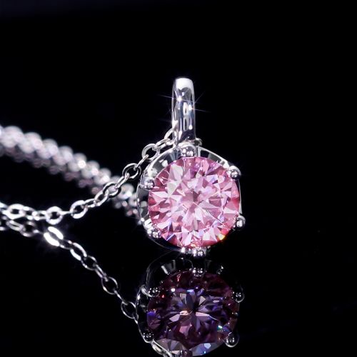 Crown Pink Moissanite Brilliant Round Cut Necklace in S925 Silver
