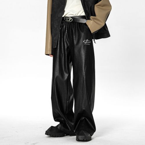 High Street Functional Style Loose Leather Pants