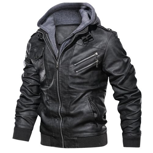 Casual Stand Collar PU Faux Leather Zip Up Jacket With Hood For Men