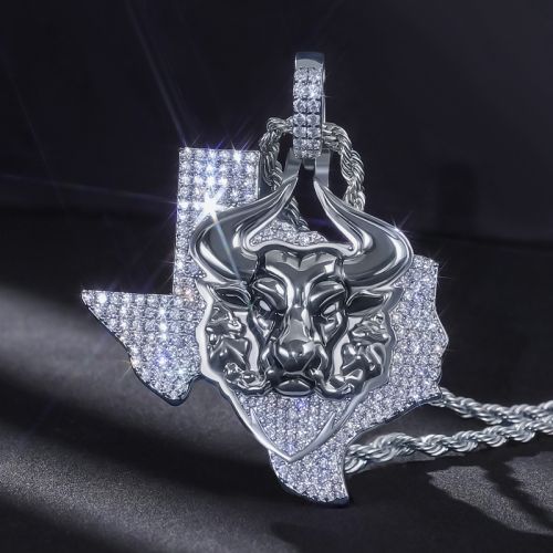 Iced Texas Angry Bull Pendant in 18K White Gold Plated