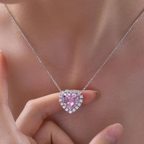 Pink Heart Cut Halo Sterling Silver Necklace