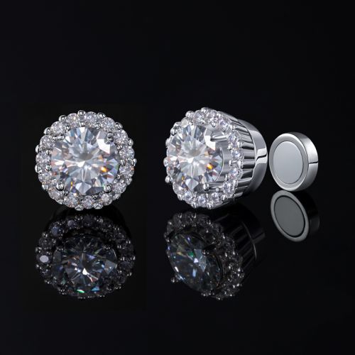 Moissanite Round Cut Magnetic Non-Piercing Stud Earrings in S925 Sterling Silver