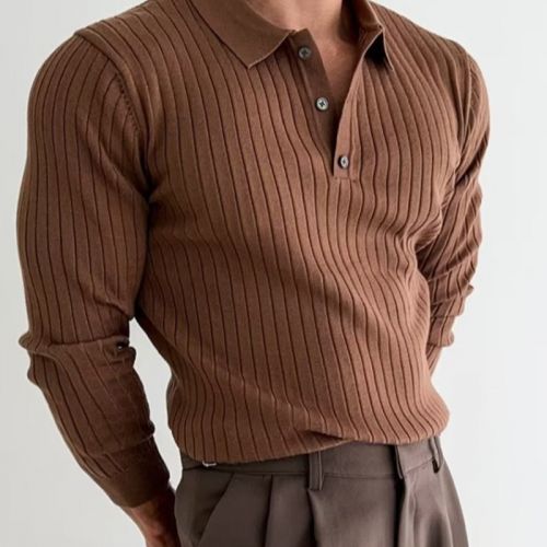 Solid Color Lapel Long Sleeve Polo Shirt