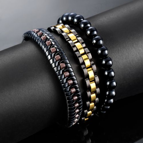 3Pcs Mix Braid Leather & Two-Tone Stainless Steel Beads Bracelet