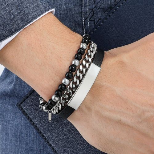 3Pcs Engraved Leather and Bead Bracelets with Cuban Link