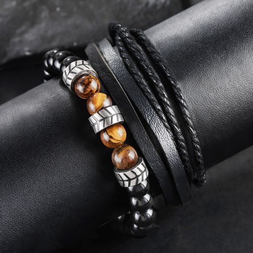 Multilayer Black Braided Leather & Polished Beads Bracelet