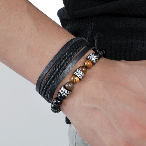 Multilayer Black Braided Leather & Polished Beads Bracelet