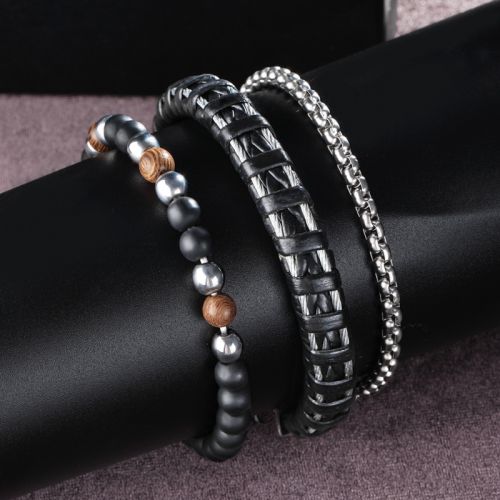 3Pcs Handmade Braided Leather & Round Box Chain Beads Bracelet