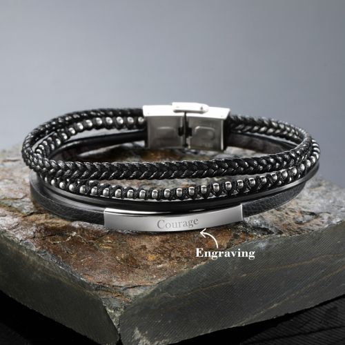 Men's Engraved Leather Stranded Bracelet