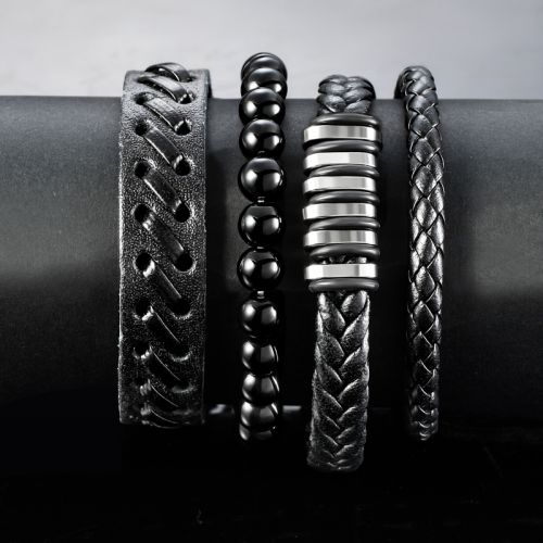 Mix 4Pcs Braided Wrap Leather Metal & Bead Bracelet
