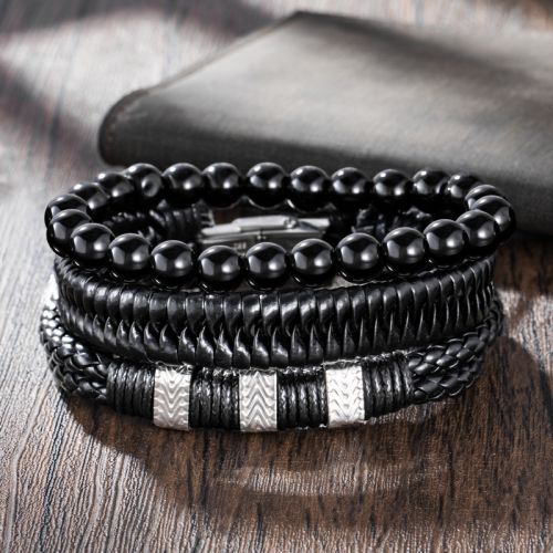 3Pcs Stainless Steel Bangle Leather & Beaded Bracelet