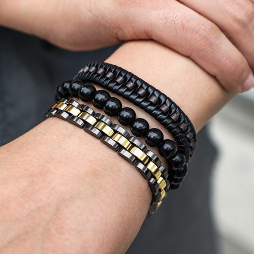 3Pcs Mix Braid Leather & Two-Tone Stainless Steel Beads Bracelet