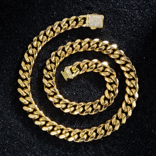 8mm/10mm/12mm/14mm 20" Stainless Steel Micro-paved Spring Buckle Cuban Link Chain In Gold