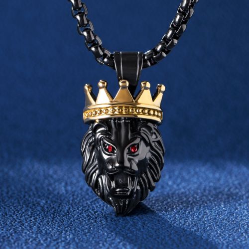 Crown King of Lion Pendant in Black Gold