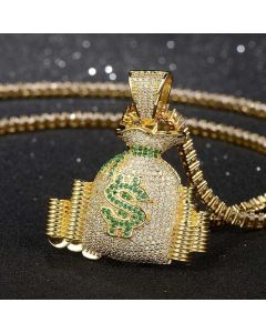 Iced Money Bag Stack Pendant in Gold