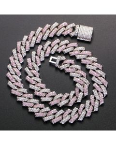 Pink and White Stones 14mm Cuban Prong Link Chain in White Gold
