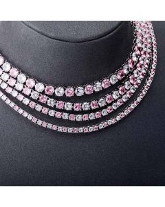 Pink and White Stones 3mm Tennis Chain in White Gold