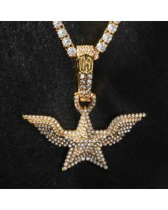Iced 5-Pointed Star with Angel Wings Pendant in Gold